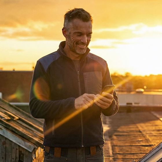Handwerker auf dem Dach im Abendlicht